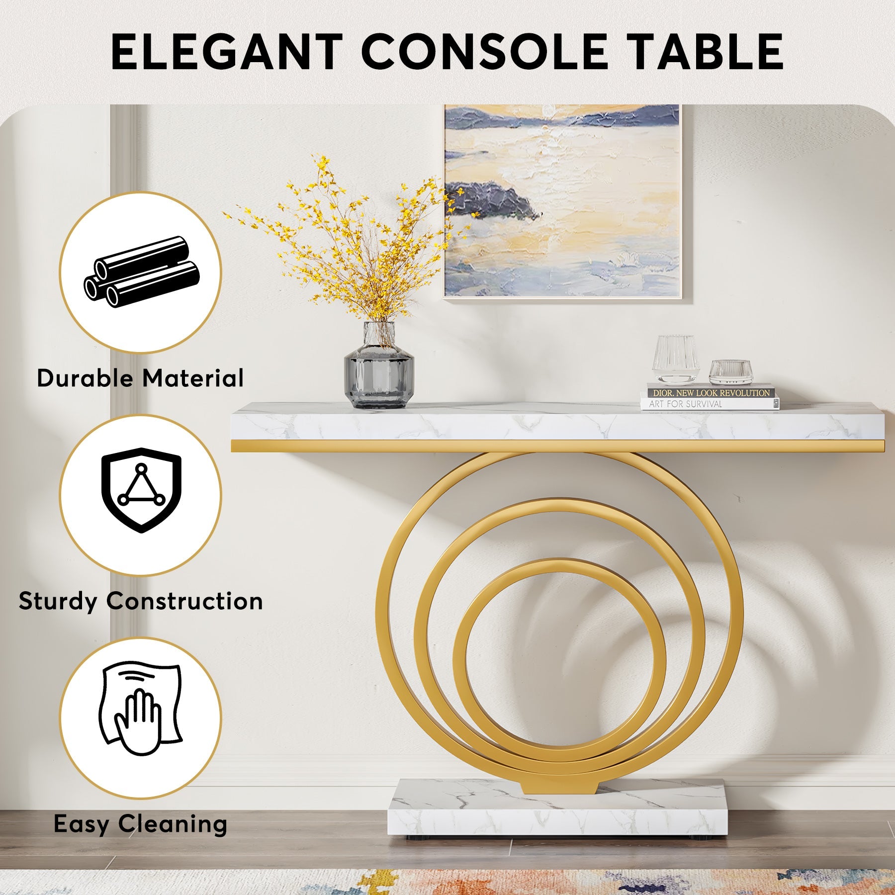 Faux Marble Console Table, 41" Entryway Sofa Table with Gold Ring Base Tribesigns